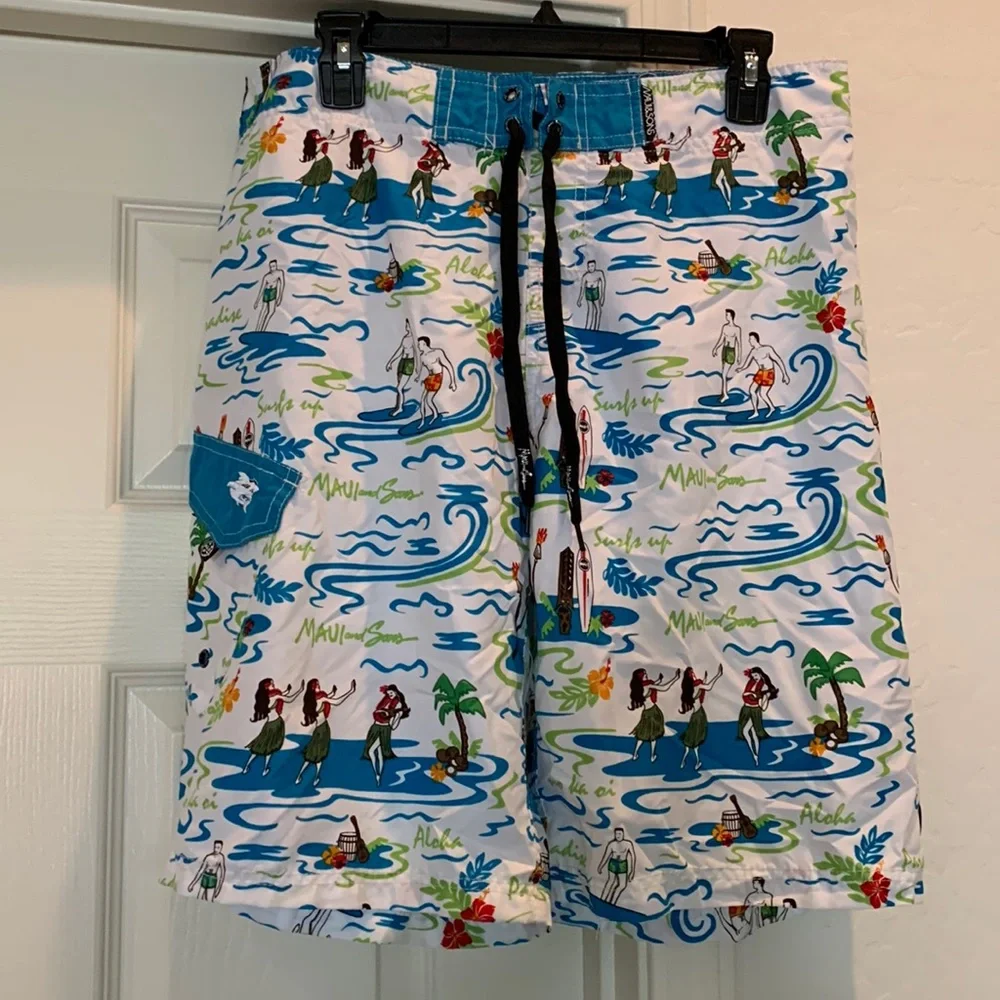 Maui & Sons Paradise Surf Up Hawaii Mens Swim Trunks shorts Hula Girl Dancers 36